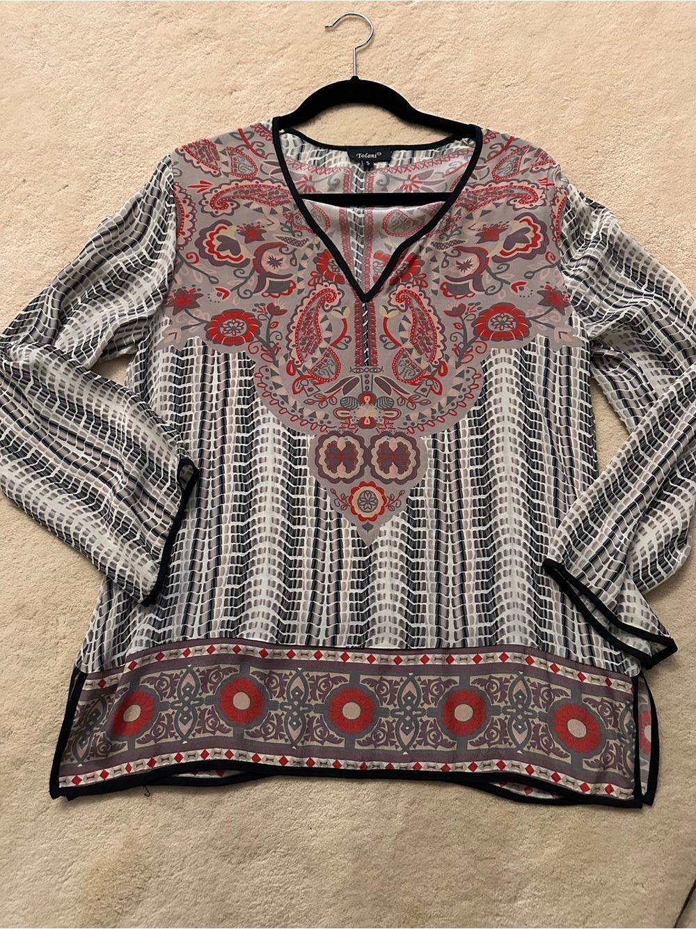 Boho Printed V-Neck Long Sleeve Tunic Top